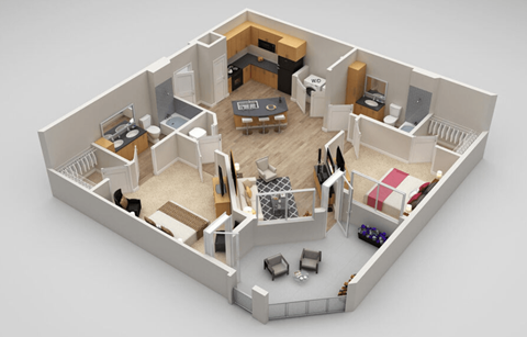 Floor plan for 2 beds, 2 baths, 1078 sqft